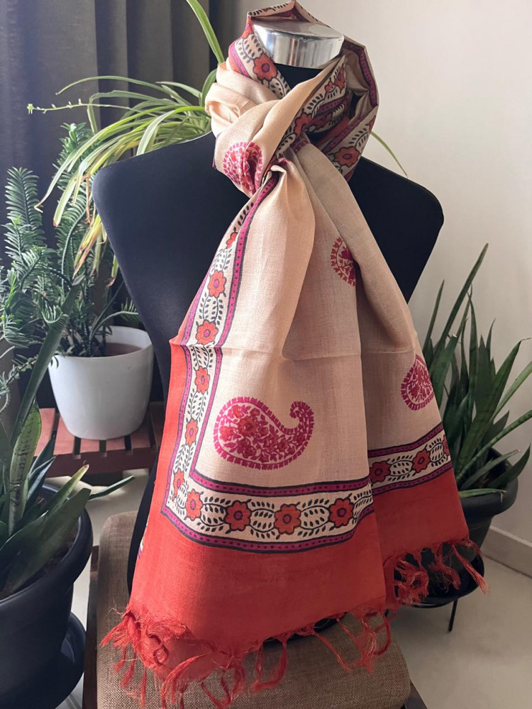 Image of Pure Tussar Silk Handblock Printed Stole