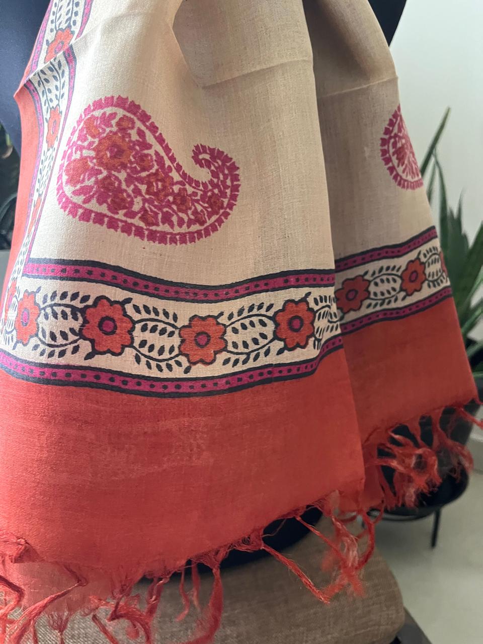 Pure Tussar Silk Handblock Printed Stole