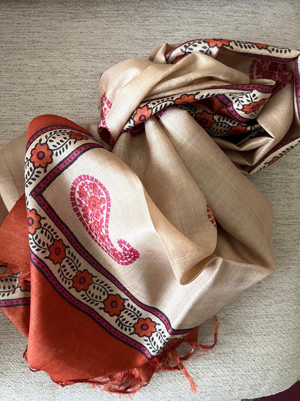 Pure Tussar Silk Handblock Printed Stole