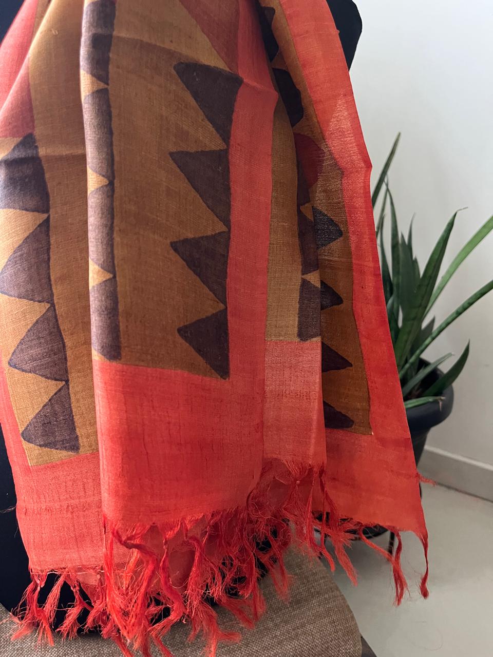 Pure Tussar Silk Handblock Printed Stole