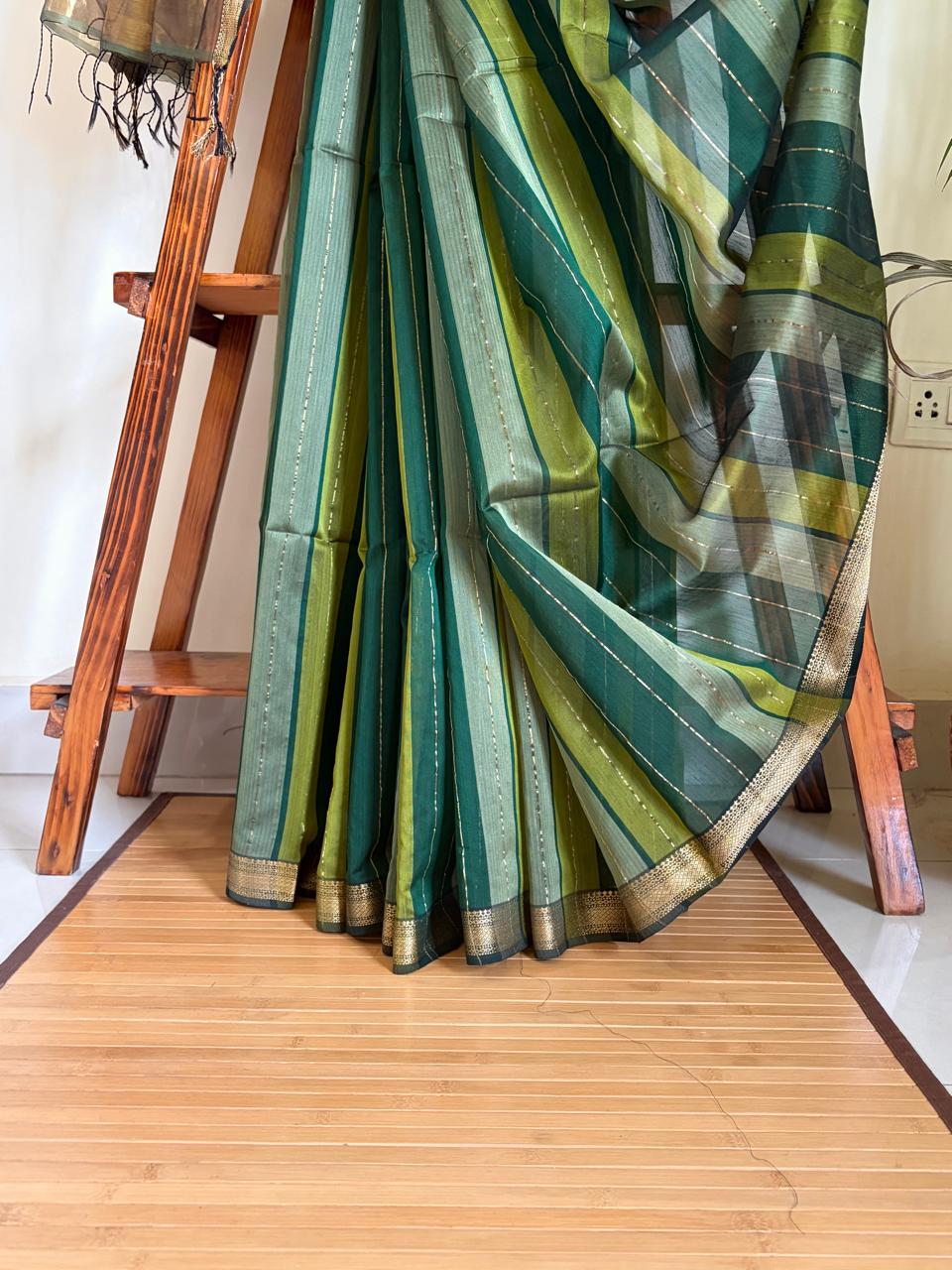 Prakriti Emerald Green Striped Handwoven Maheshwari Saree
