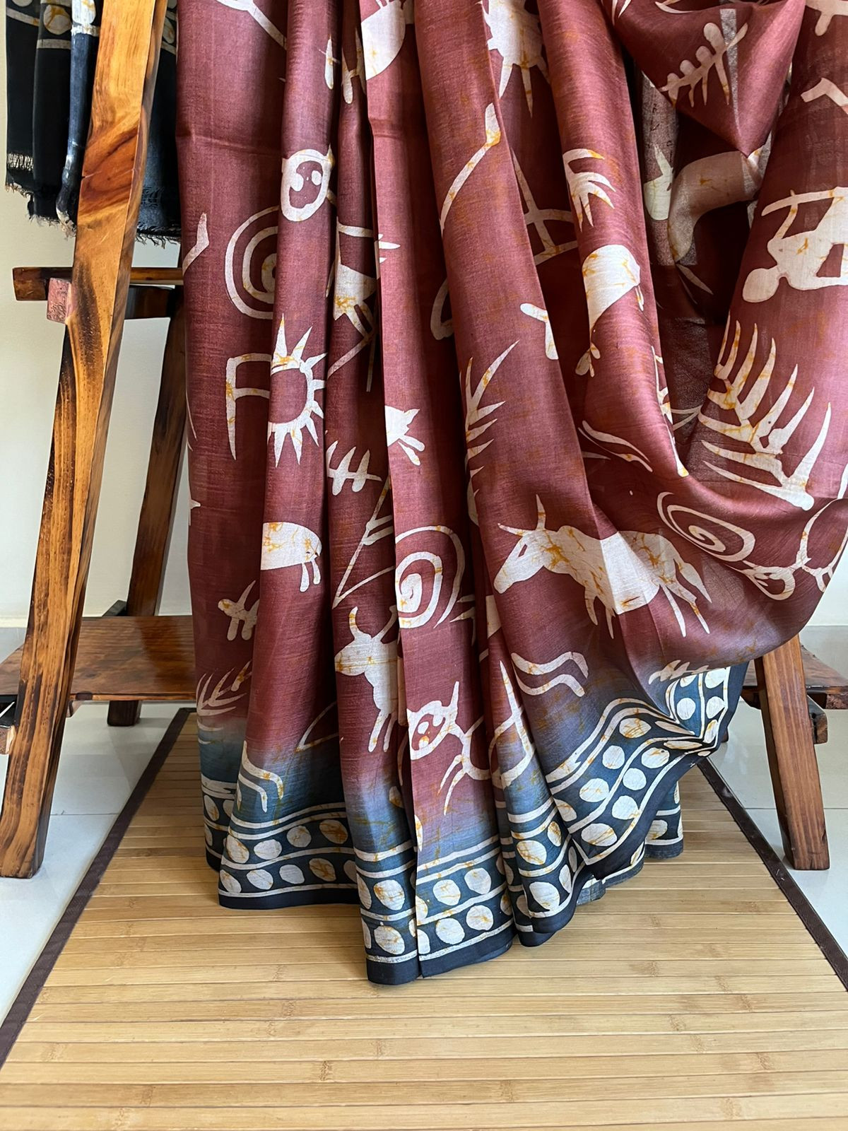 Very exclusive Pure Tussar Silk Saree with Wax Batik Handwork - Cocoa Brown