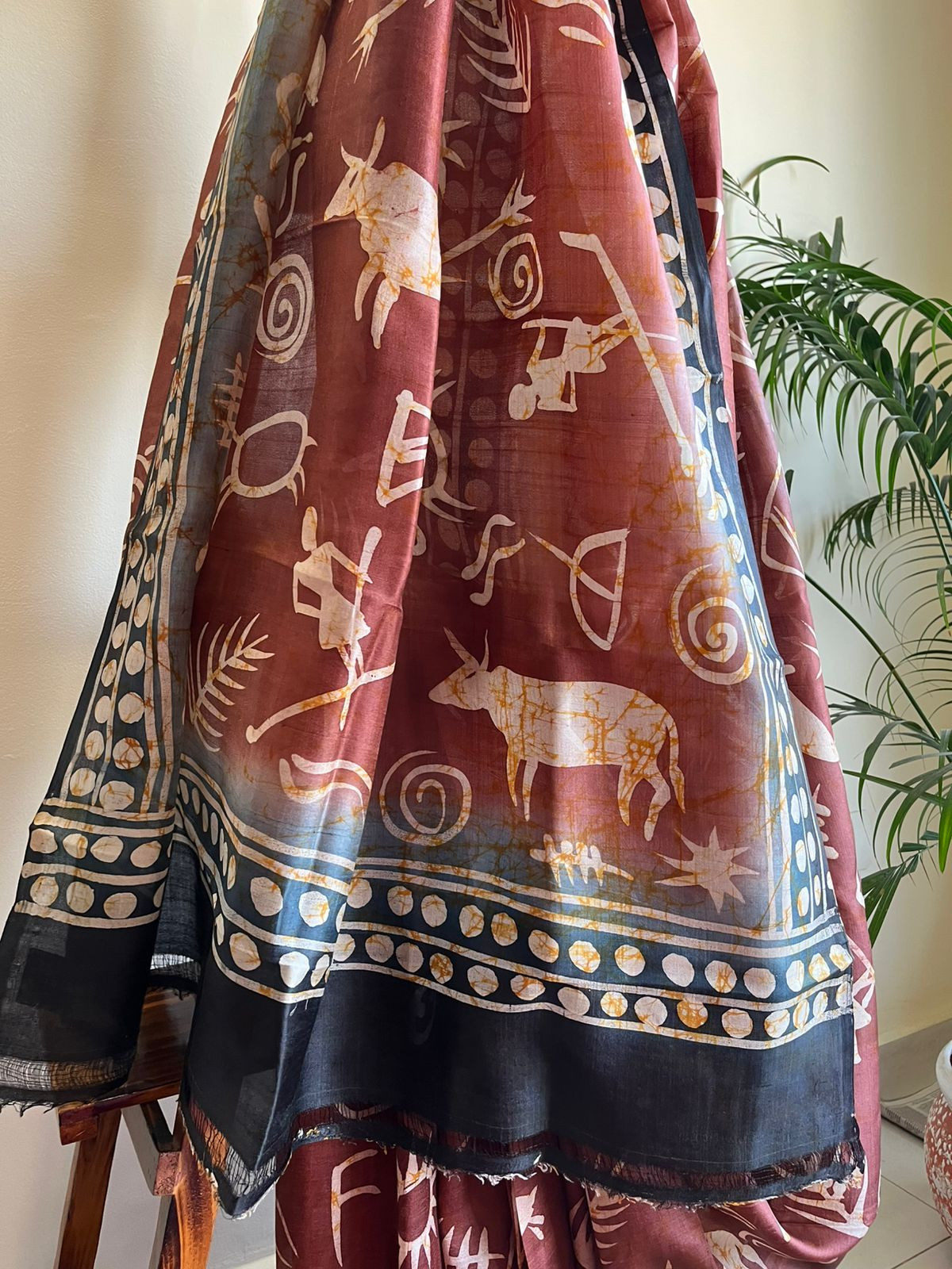 Very exclusive Pure Tussar Silk Saree with Wax Batik Handwork - Cocoa Brown