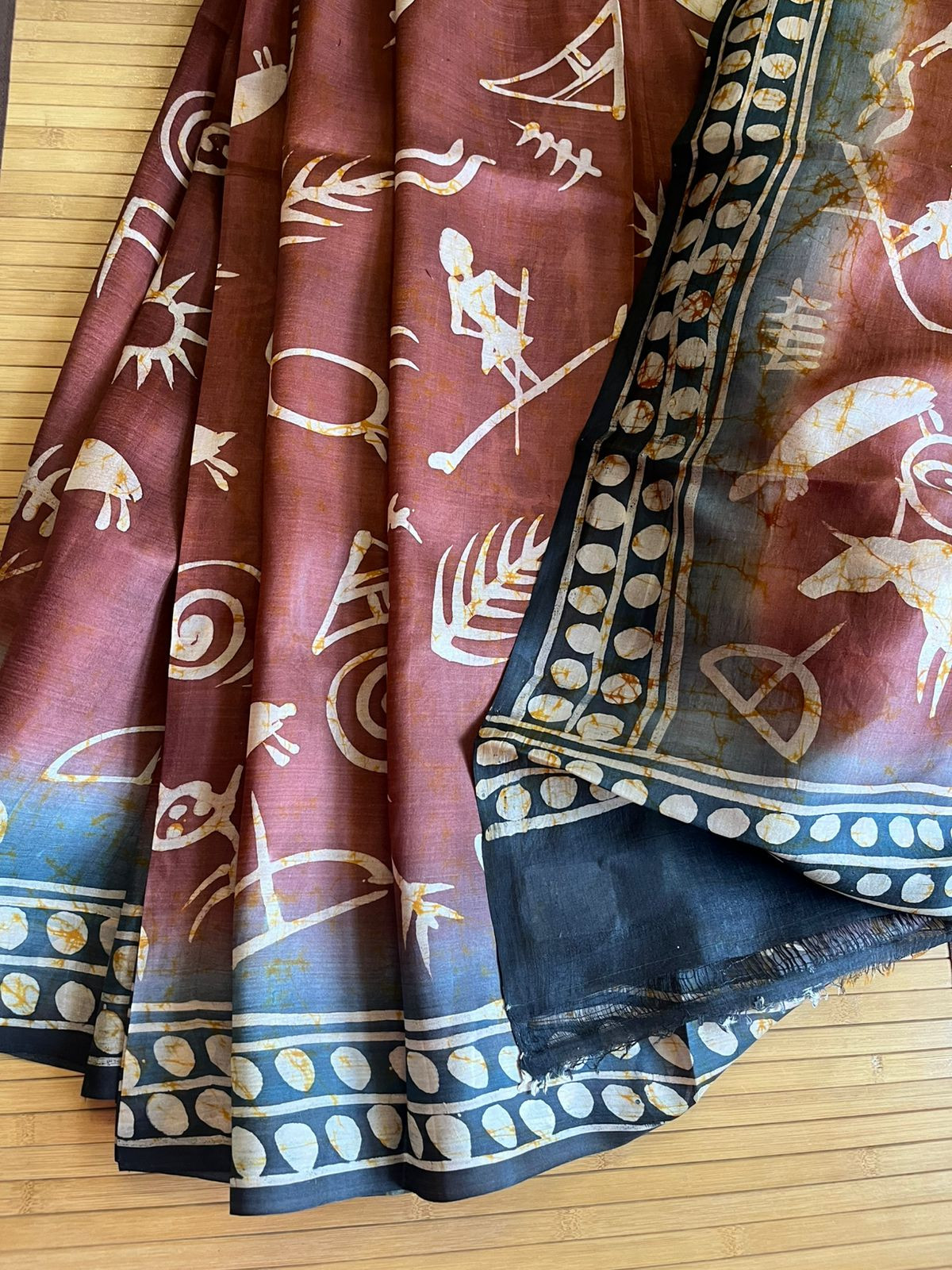 Very exclusive Pure Tussar Silk Saree with Wax Batik Handwork - Cocoa Brown