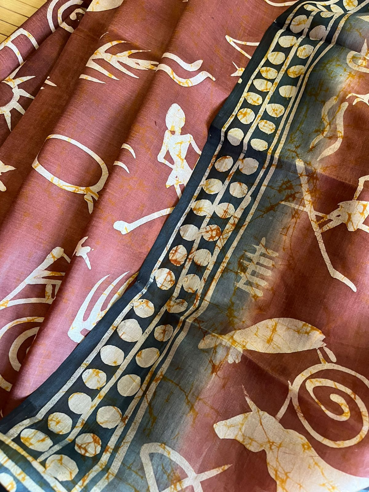 Very exclusive Pure Tussar Silk Saree with Wax Batik Handwork - Cocoa Brown