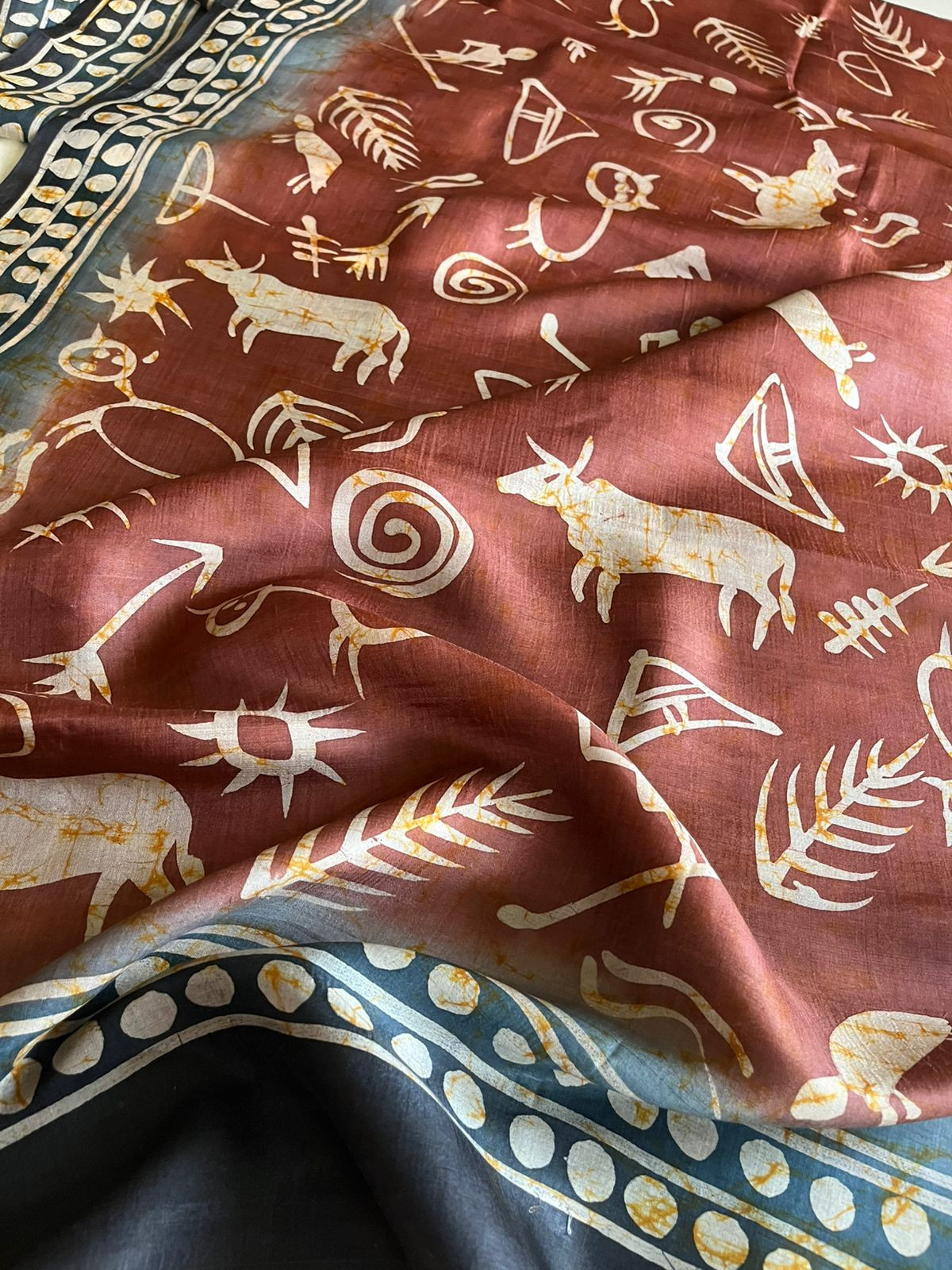 Very exclusive Pure Tussar Silk Saree with Wax Batik Handwork - Cocoa Brown