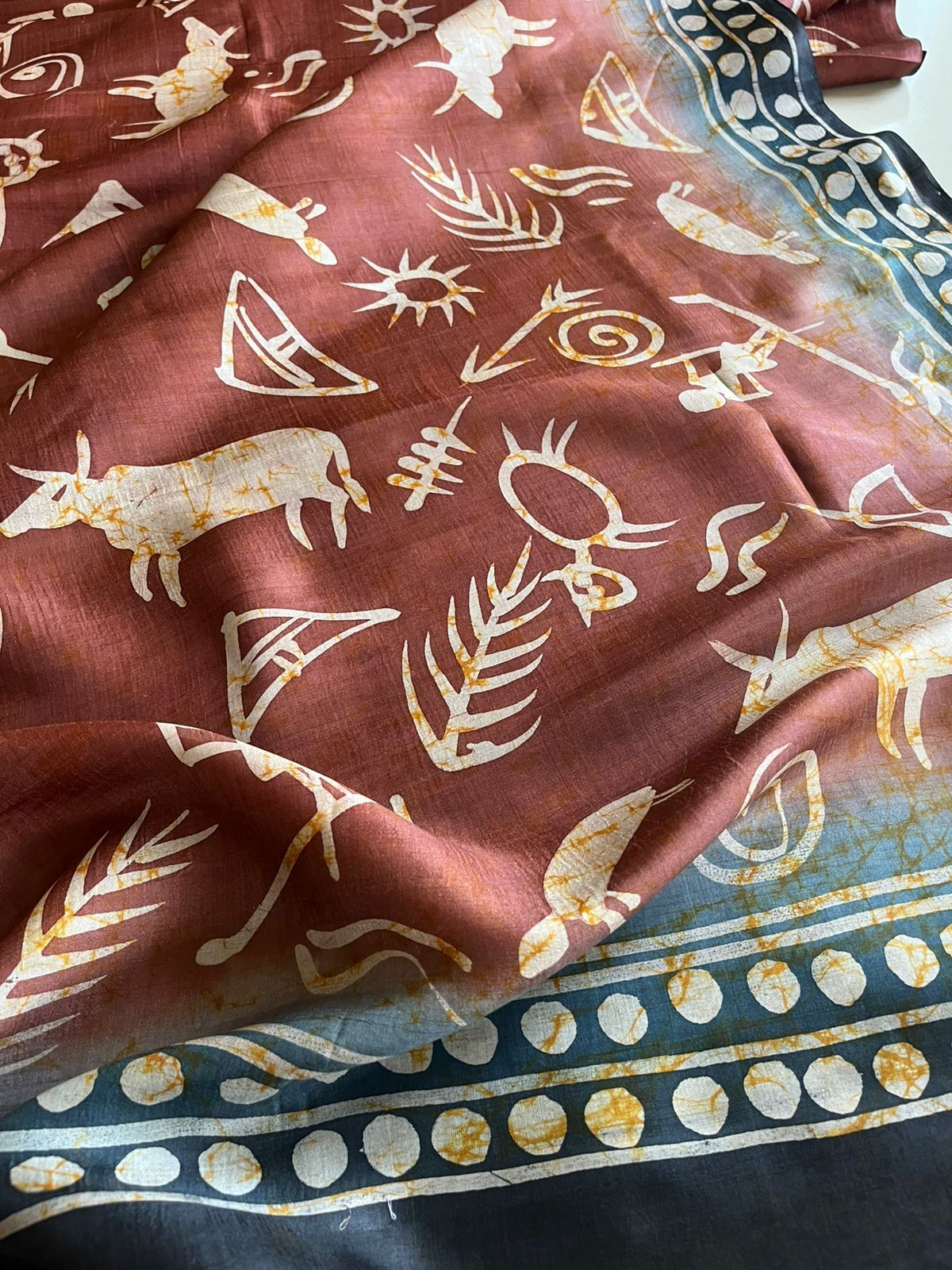 Very exclusive Pure Tussar Silk Saree with Wax Batik Handwork - Cocoa Brown