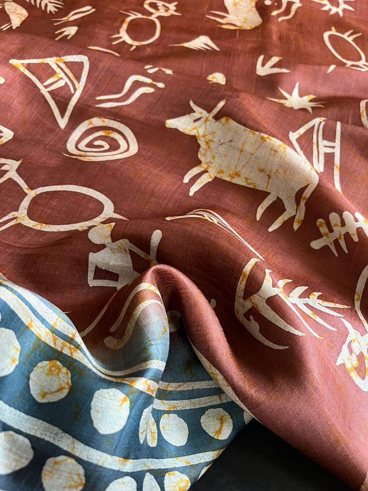 Very exclusive Pure Tussar Silk Saree with Wax Batik Handwork - Cocoa Brown