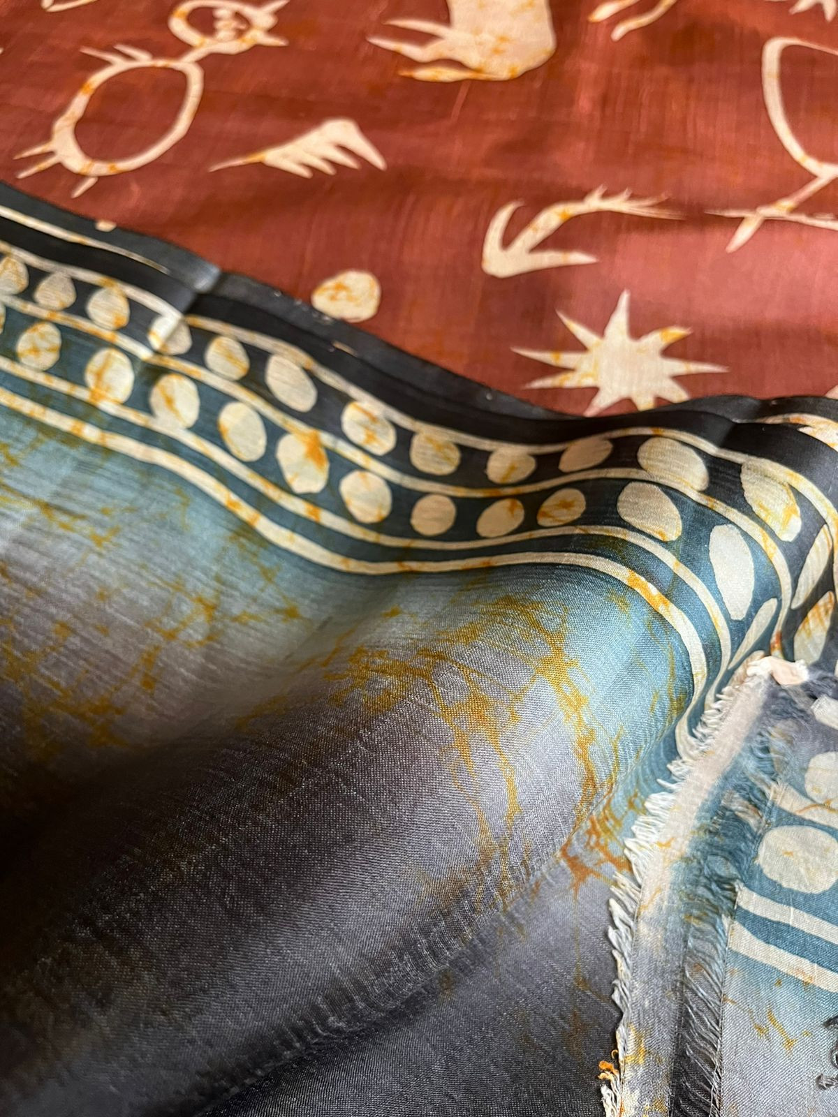 Very exclusive Pure Tussar Silk Saree with Wax Batik Handwork - Cocoa Brown