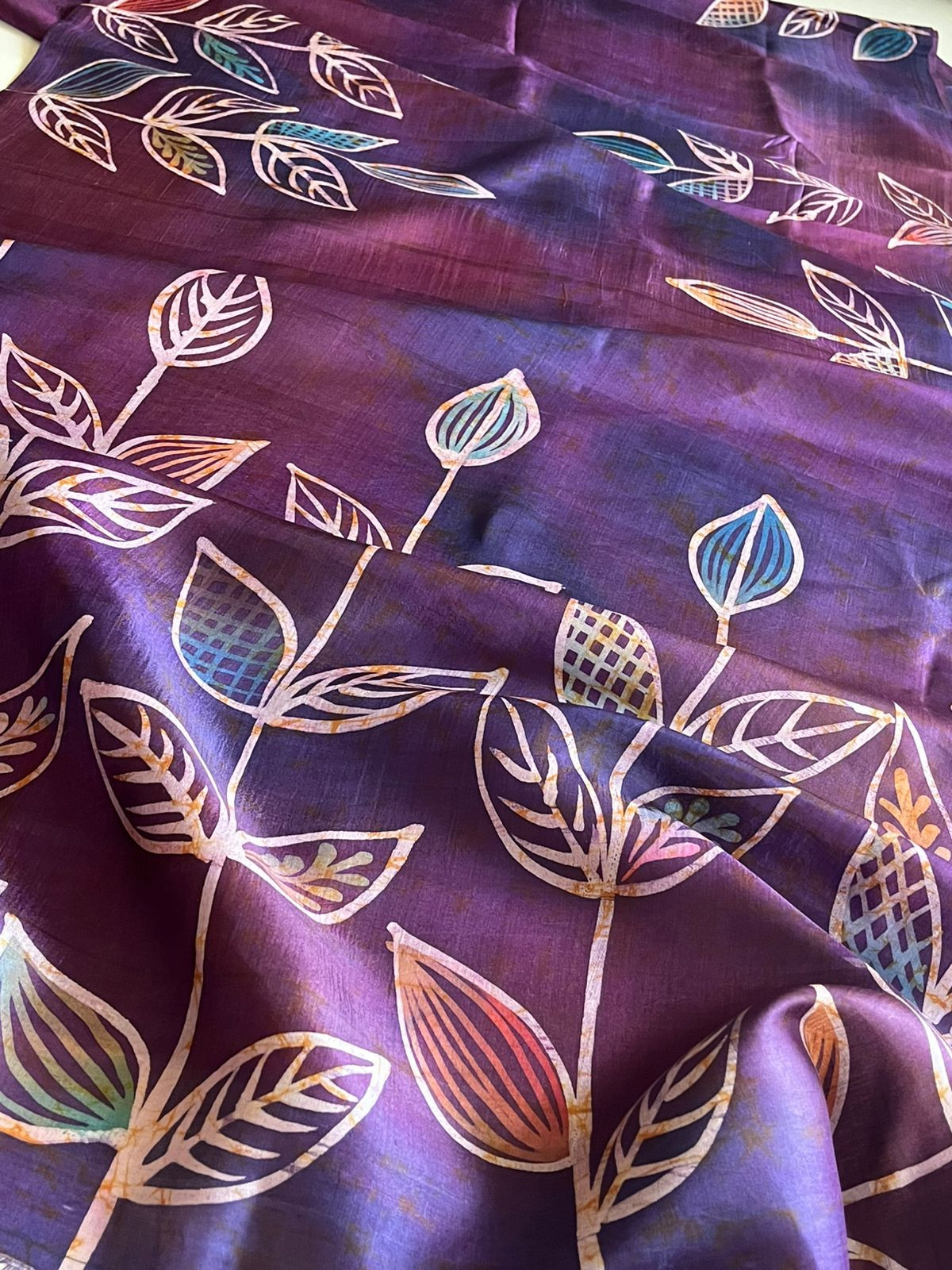Very exclusive Pure Tussar Silk Saree with Wax Batik Handwork - Shades of Purple