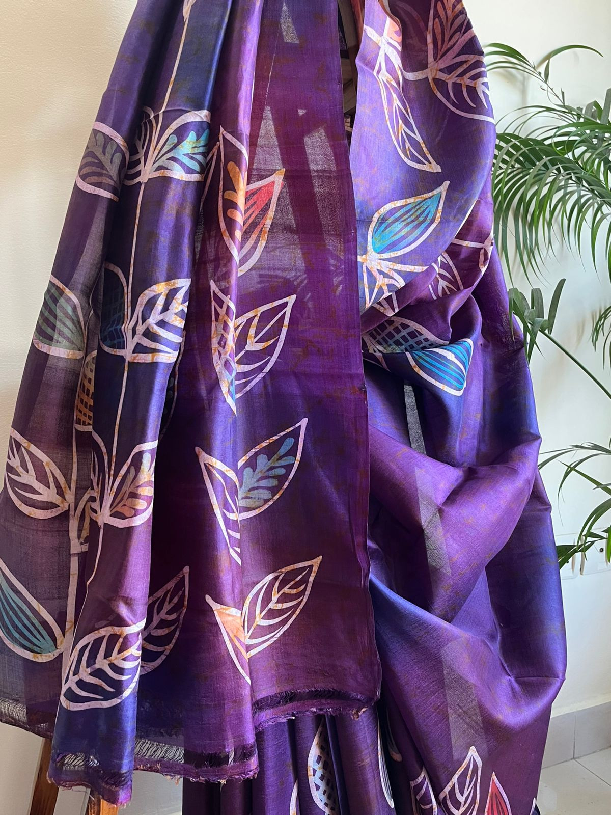 Very exclusive Pure Tussar Silk Saree with Wax Batik Handwork - Shades of Purple