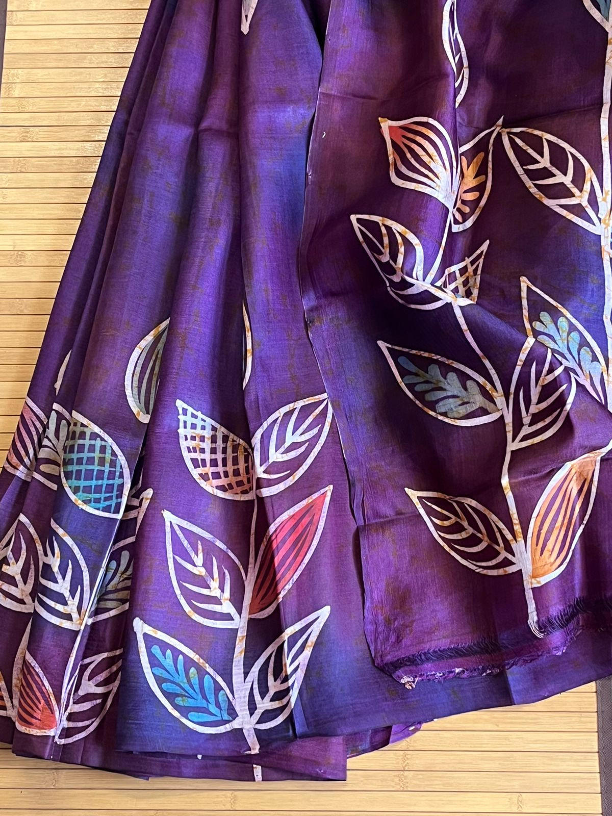 Very exclusive Pure Tussar Silk Saree with Wax Batik Handwork - Shades of Purple