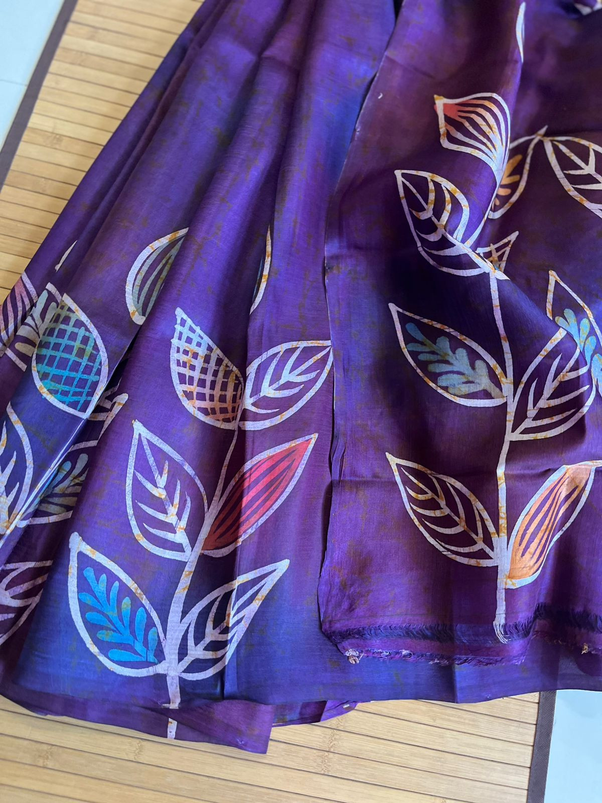 Very exclusive Pure Tussar Silk Saree with Wax Batik Handwork - Shades of Purple