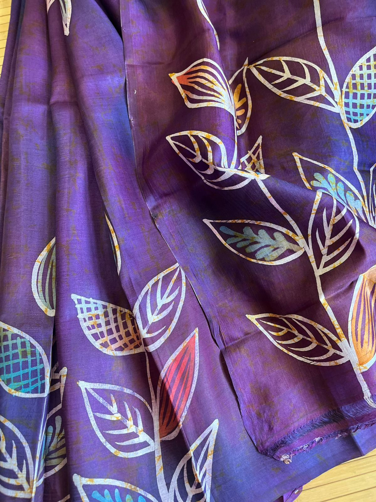 Very exclusive Pure Tussar Silk Saree with Wax Batik Handwork - Shades of Purple