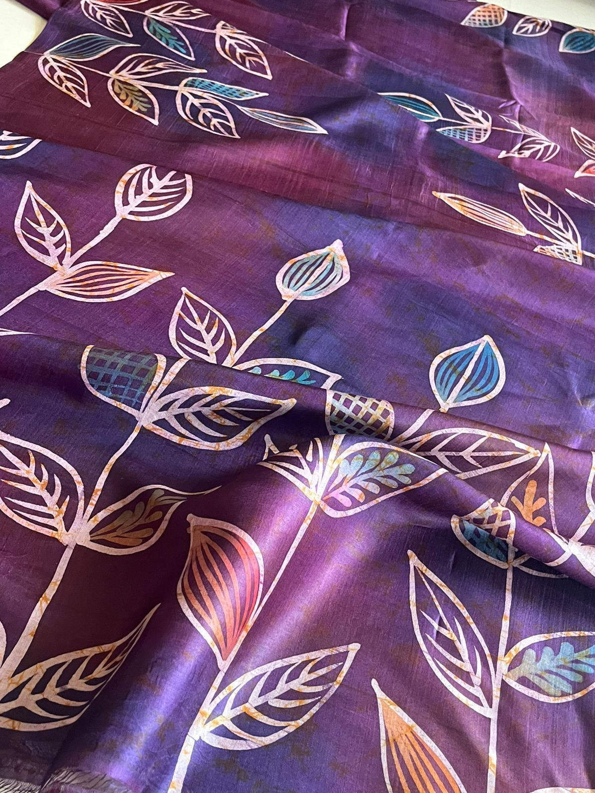 Very exclusive Pure Tussar Silk Saree with Wax Batik Handwork - Shades of Purple