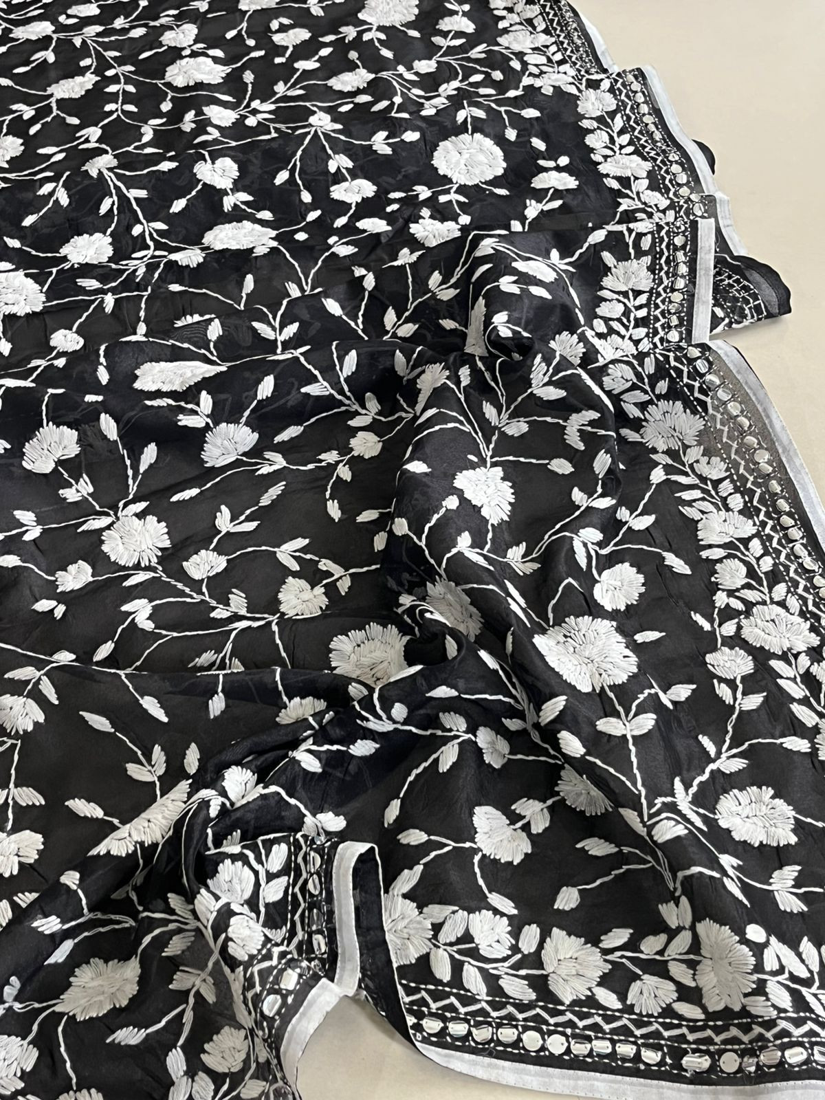 Vibrant Handmade Phulkari Embroidery Dupatta - Black and White Mirage