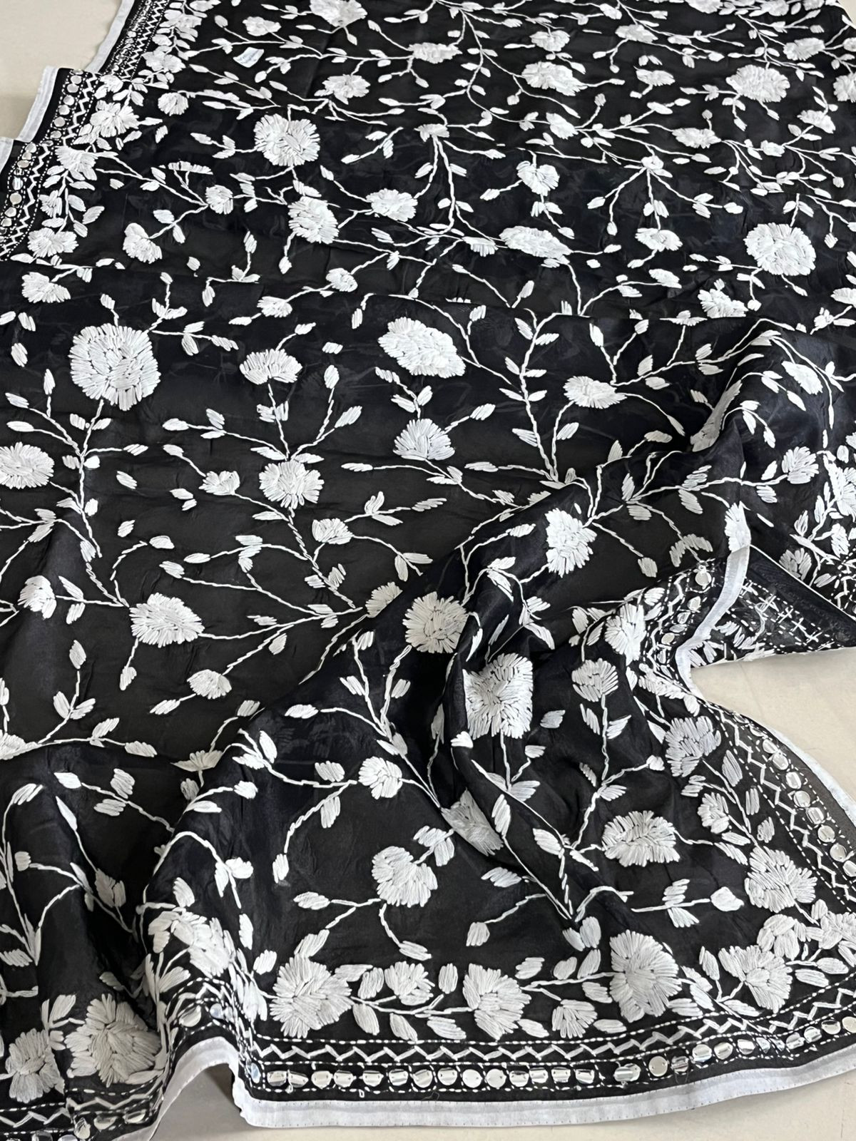 Vibrant Handmade Phulkari Embroidery Dupatta - Black and White Mirage