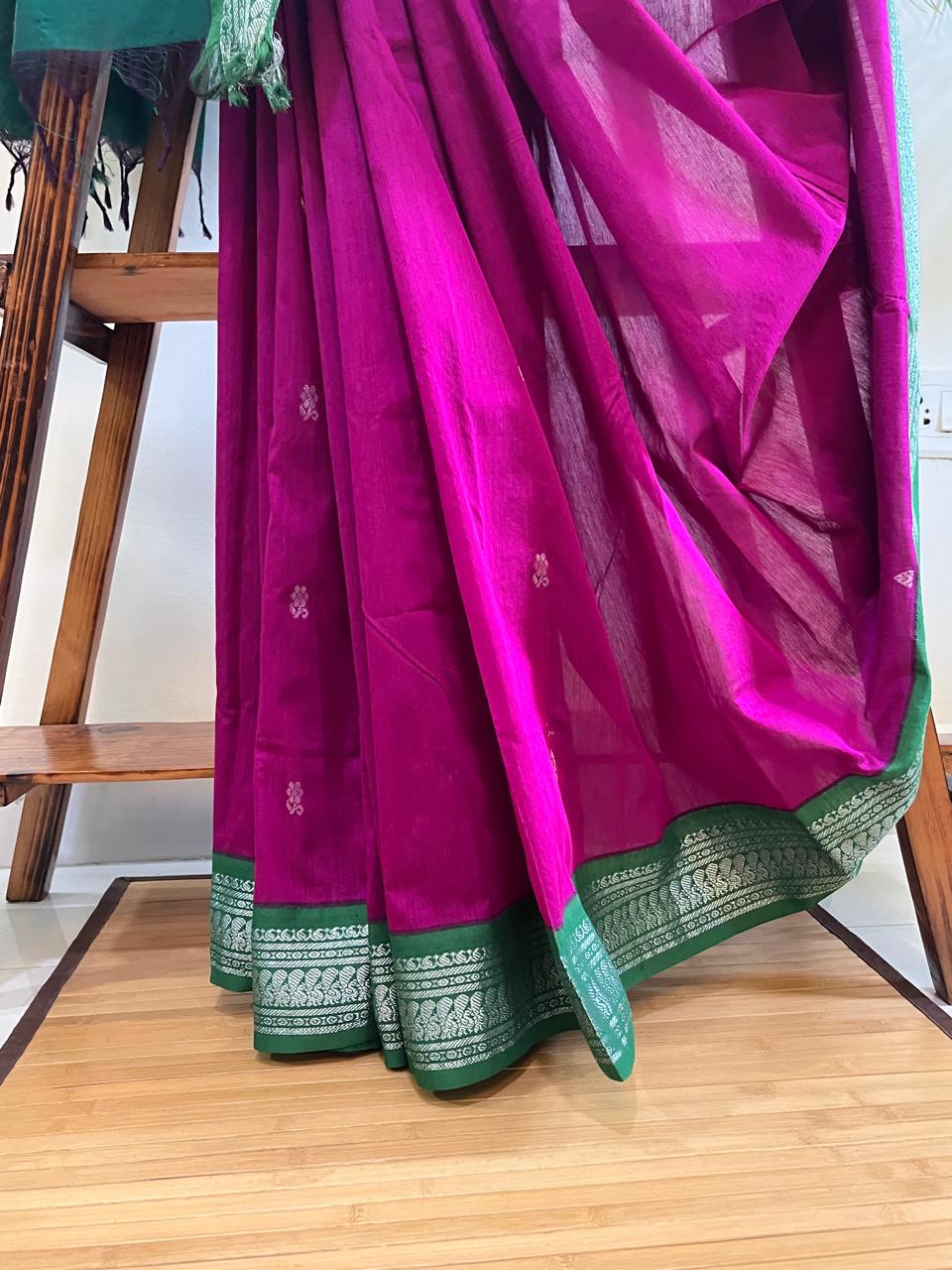 Vibrant handwoven Gadwal cotton Silk Saree - Pink with Green