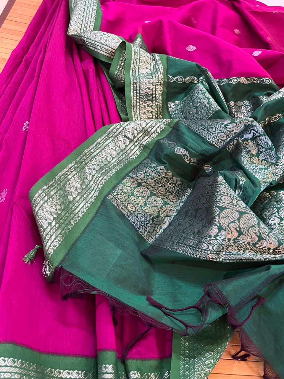 Vibrant handwoven Gadwal cotton Silk Saree - Pink with Green
