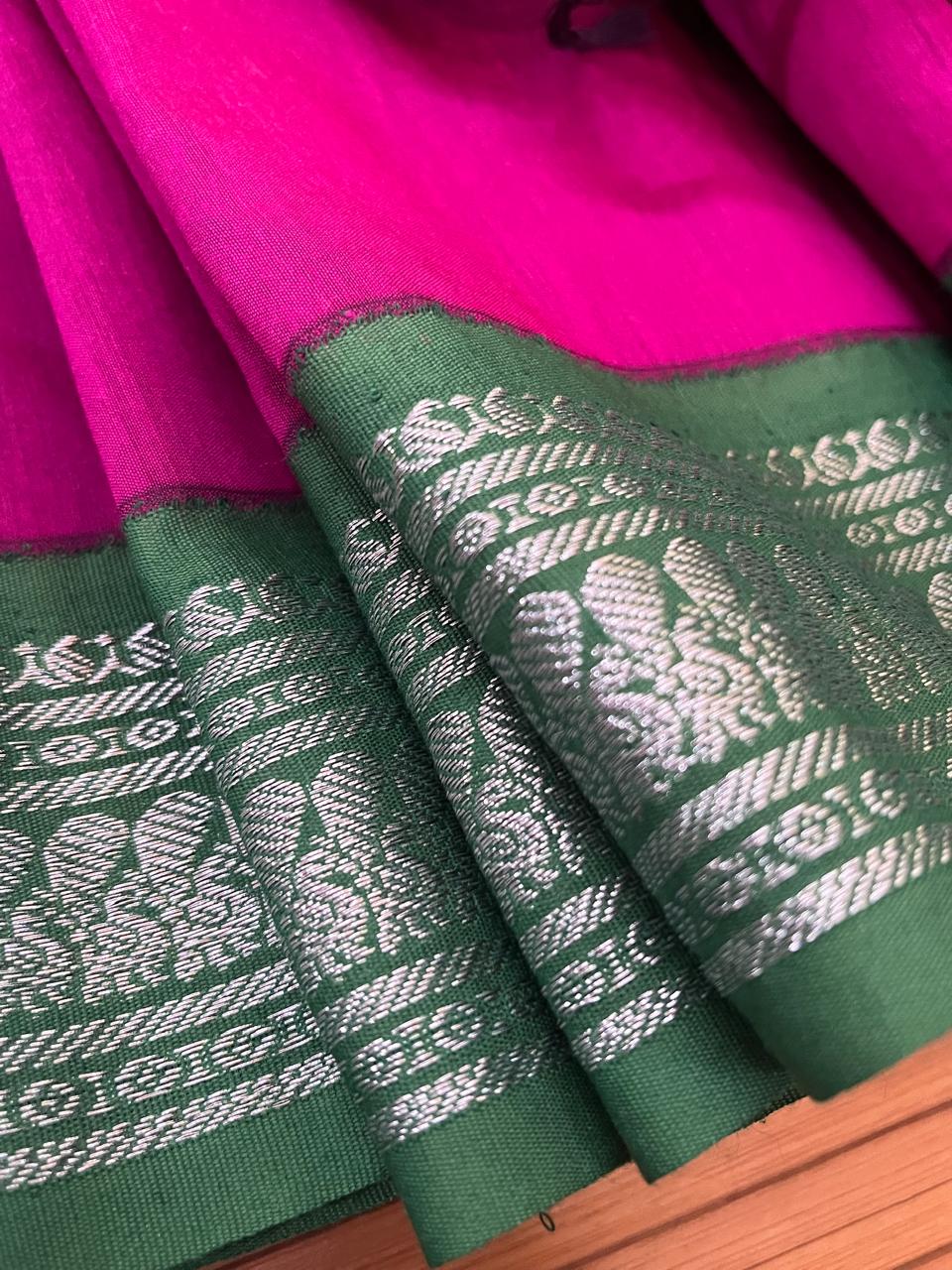 Vibrant handwoven Gadwal cotton Silk Saree - Pink with Green