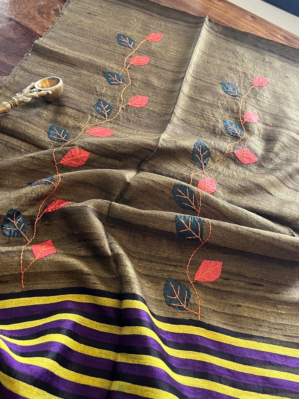 Vibrant pure Raw Silk Stole - applique work- Beige