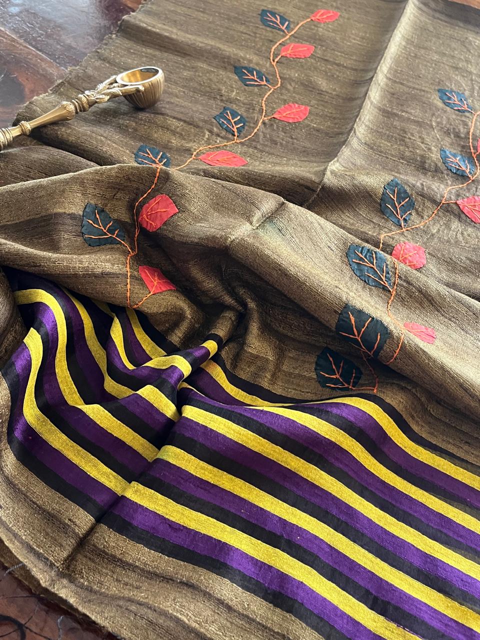 Vibrant pure Raw Silk Stole - applique work- Beige