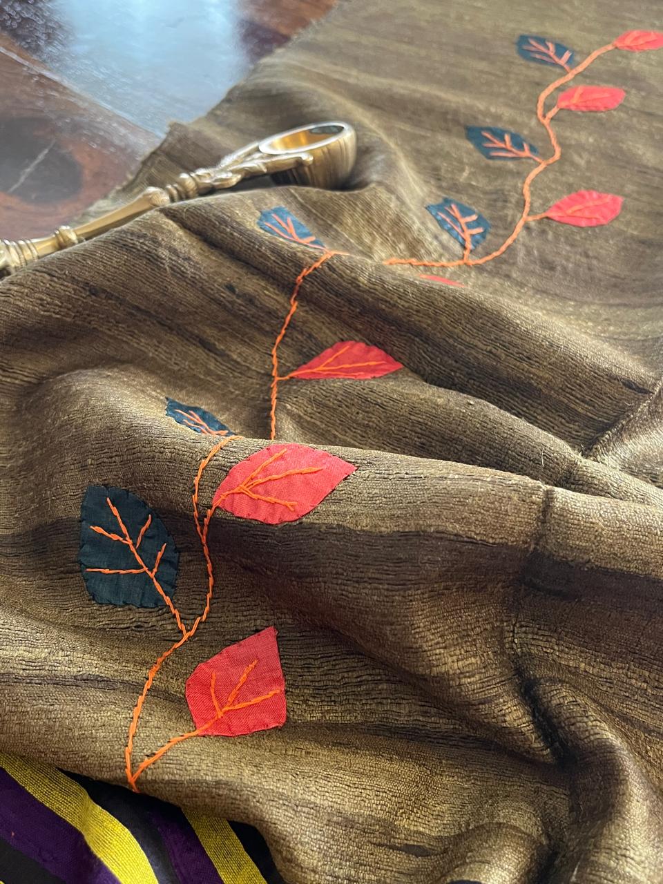 Vibrant pure Raw Silk Stole - applique work- Beige