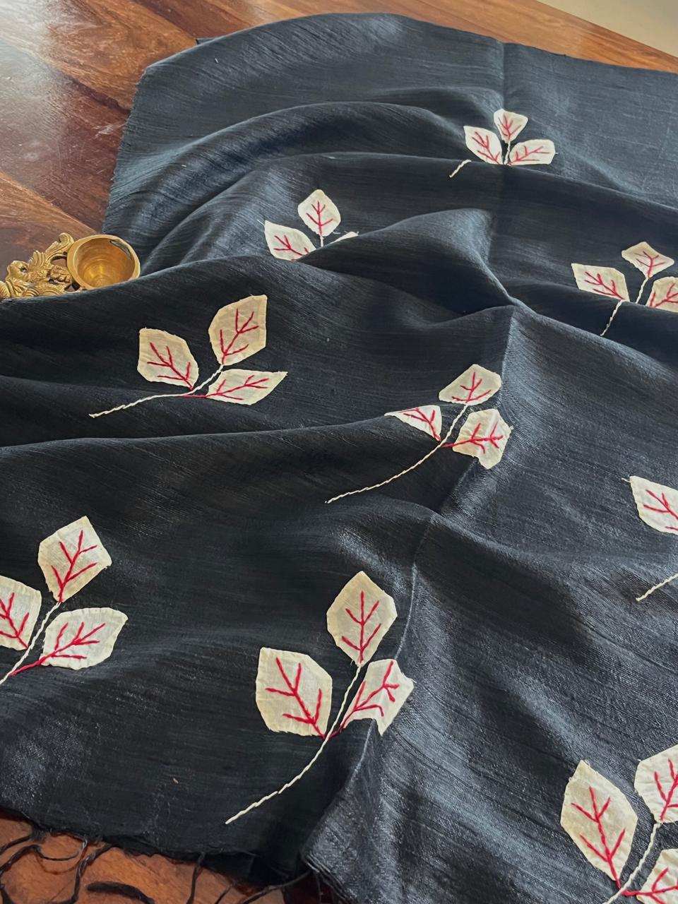 Vibrant pure Raw Silk Stole - applique work- Black