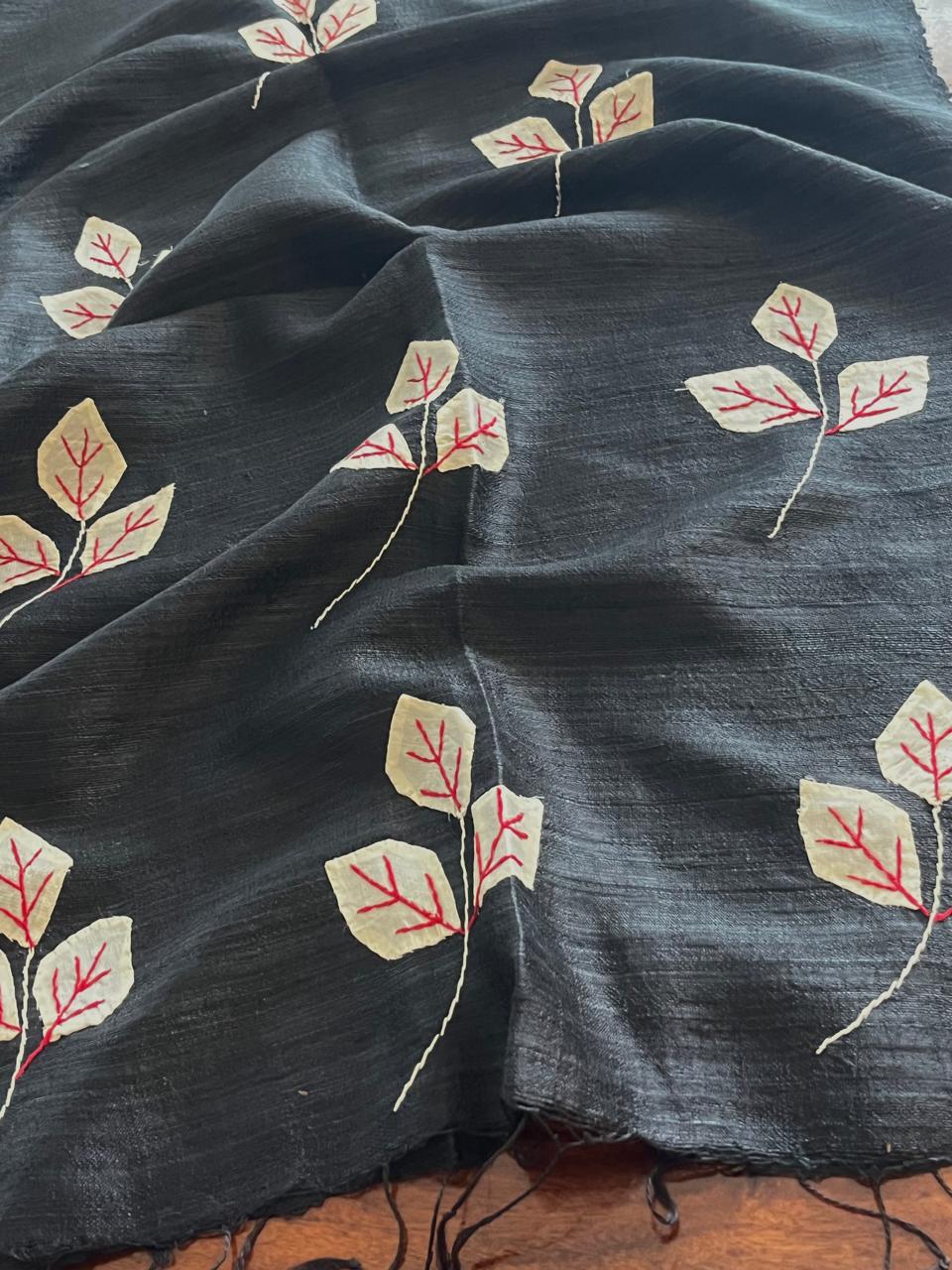 Vibrant pure Raw Silk Stole - applique work- Black