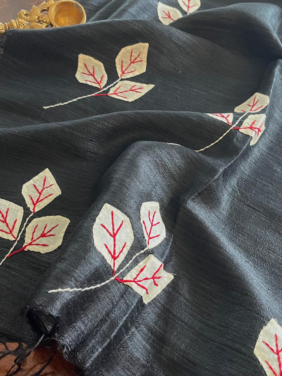 Vibrant pure Raw Silk Stole - applique work- Black
