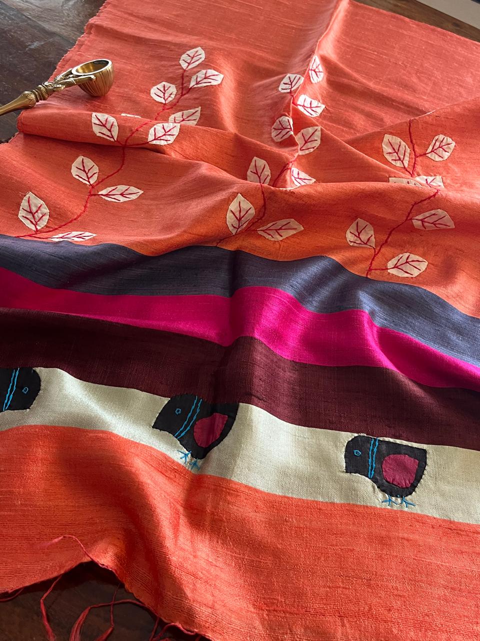 Vibrant pure Raw Silk Stole - applique work- Orange