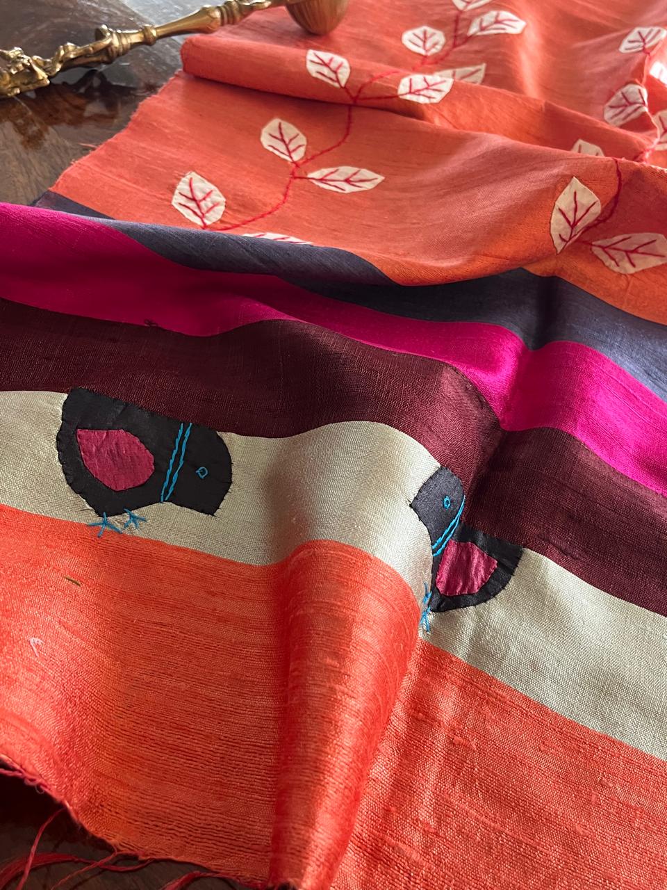Vibrant pure Raw Silk Stole - applique work- Orange
