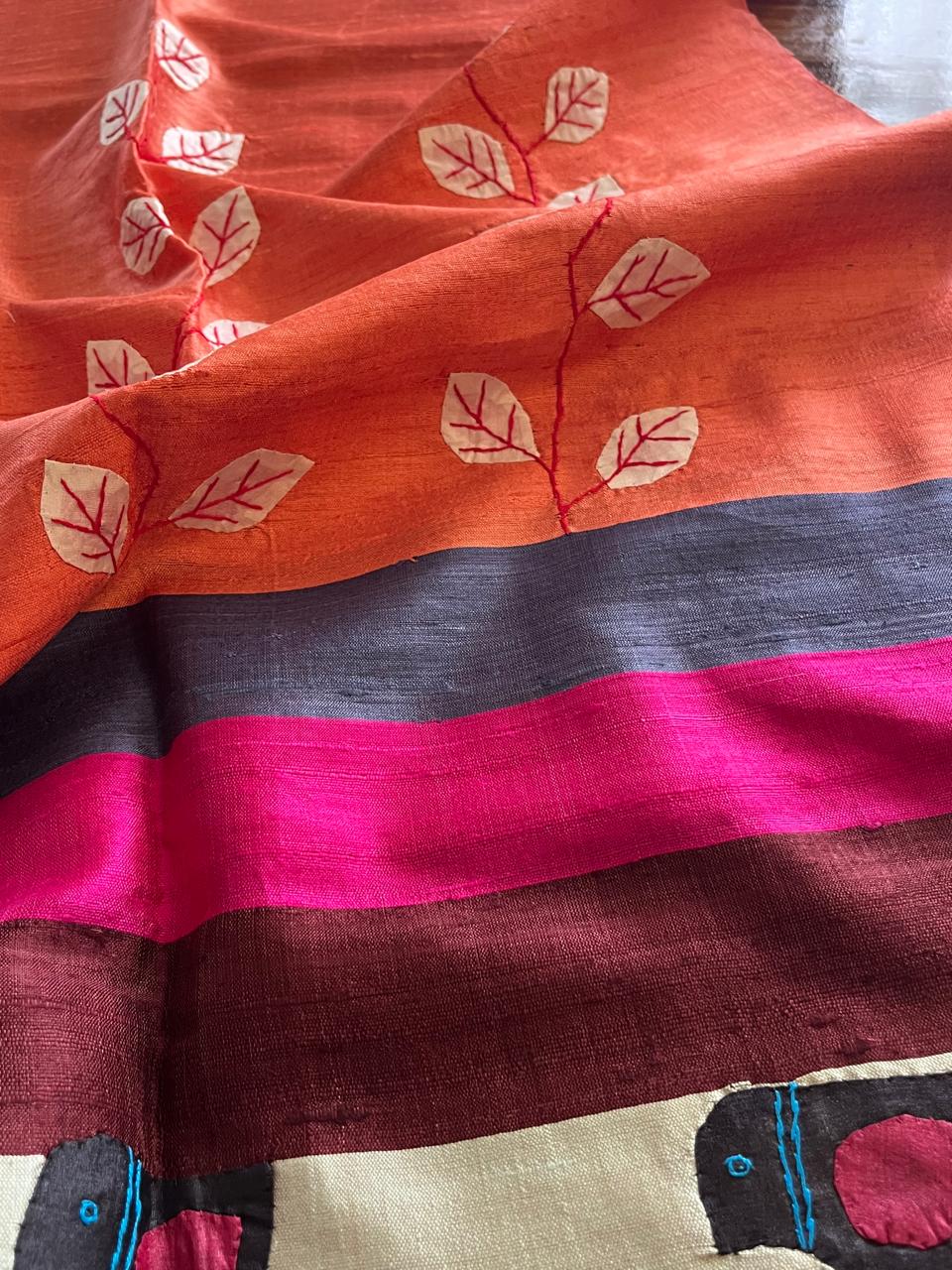 Vibrant pure Raw Silk Stole - applique work- Orange