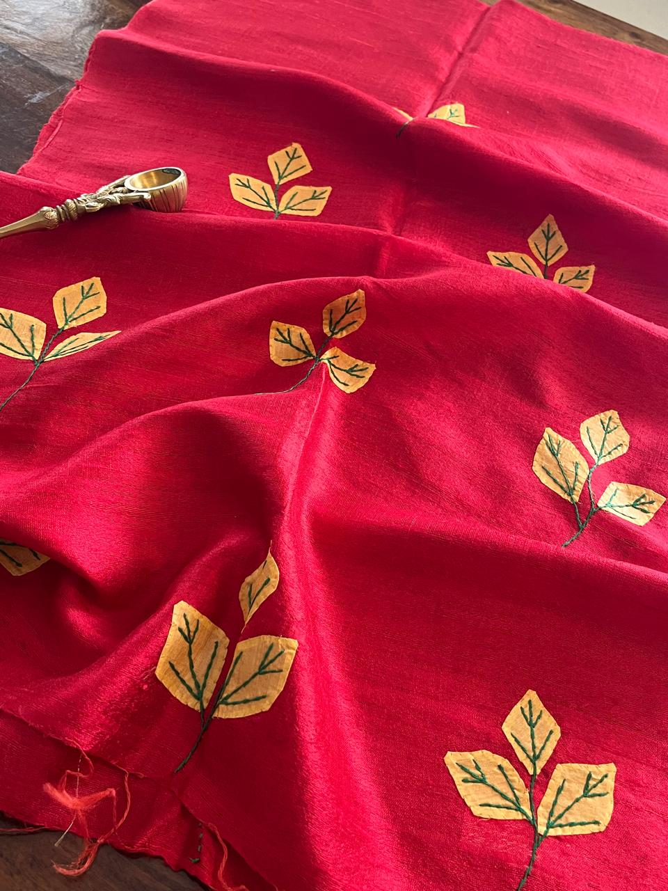 Vibrant pure Raw Silk Stole - applique work- Red