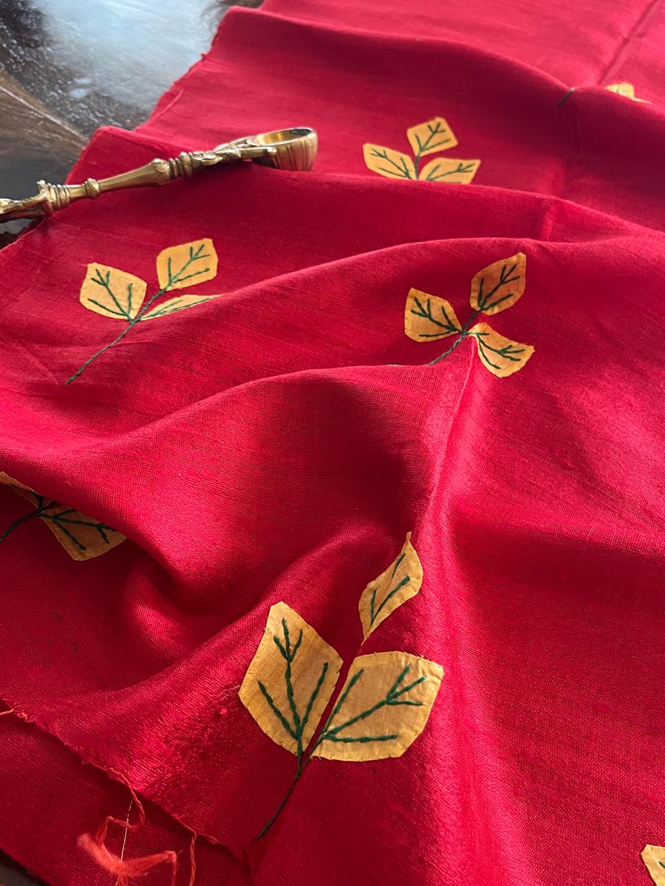 Vibrant pure Raw Silk Stole - applique work- Red