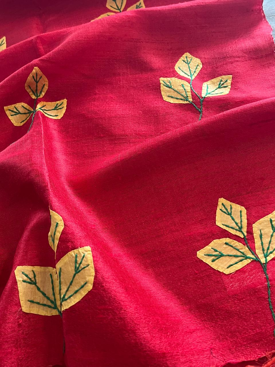 Vibrant pure Raw Silk Stole - applique work- Red