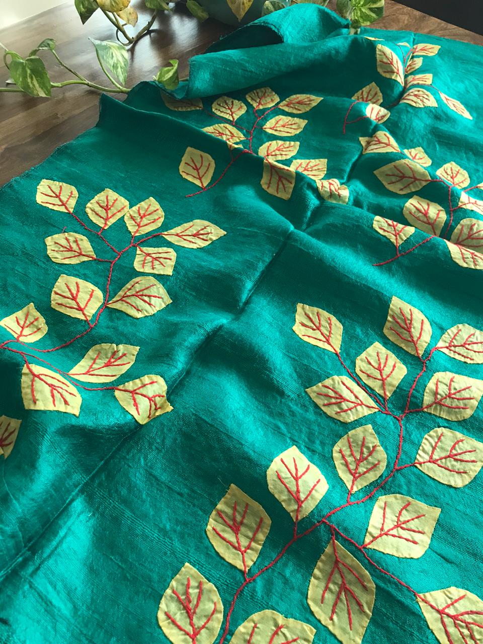 Vibrant pure Raw Silk Stole - applique work