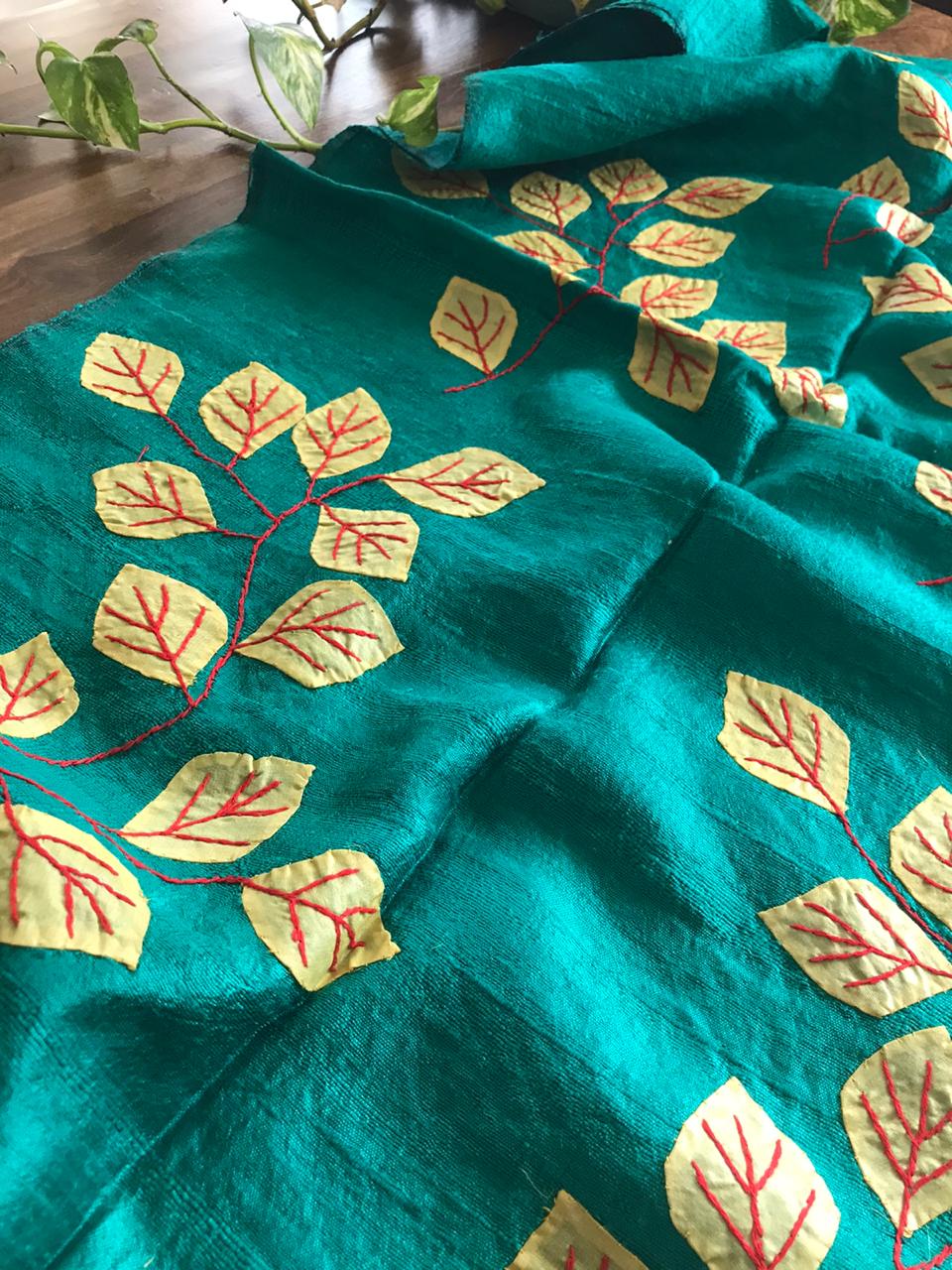 Vibrant pure Raw Silk Stole - applique work