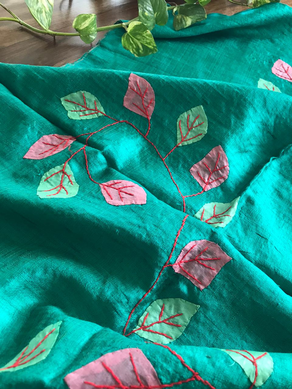 Vibrant pure Raw Silk Stole - applique work