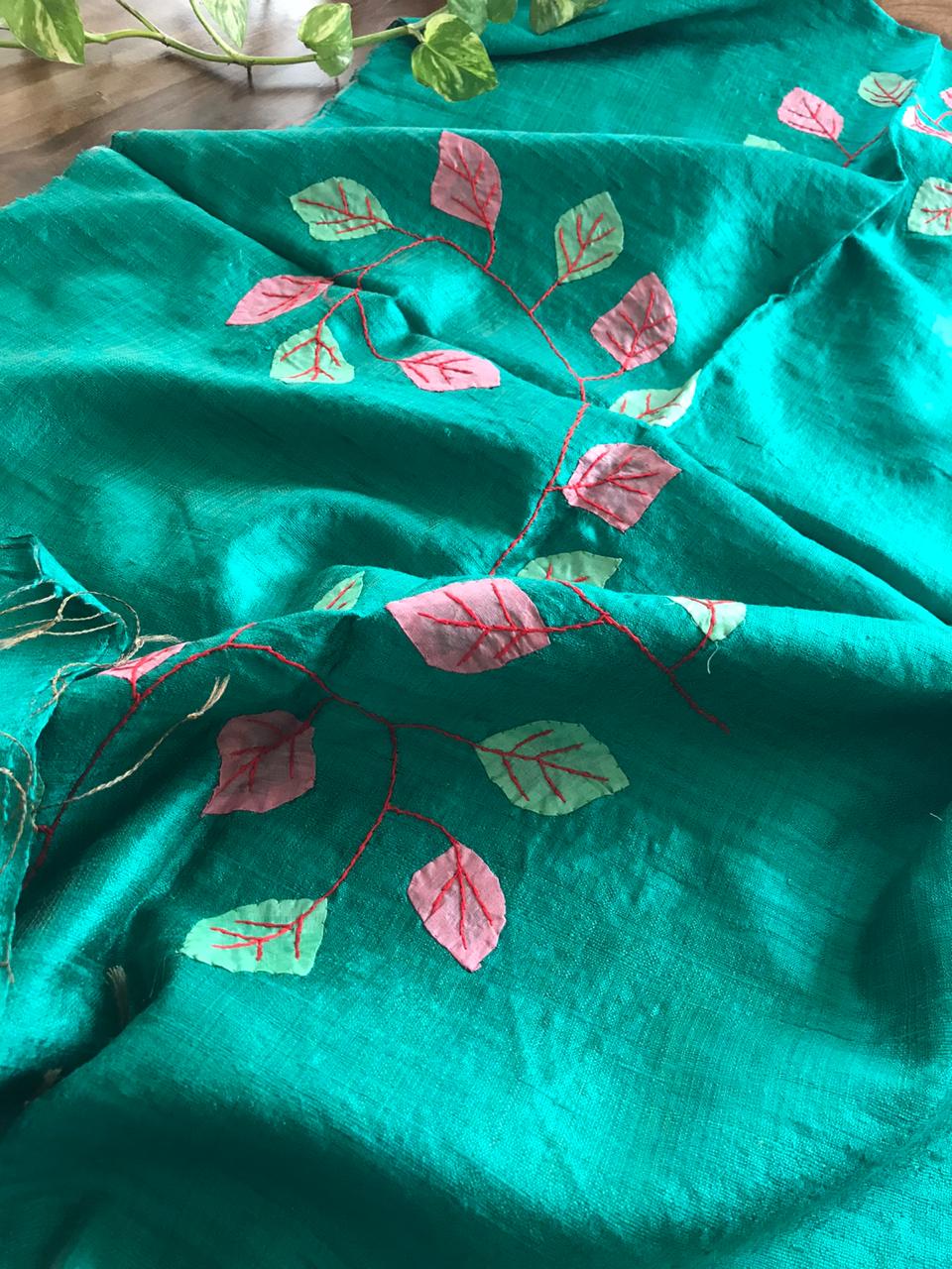 Vibrant pure Raw Silk Stole - applique work