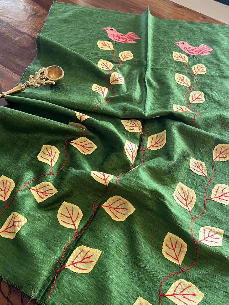 Vibrant pure Raw Silk Stole - applique work- Green