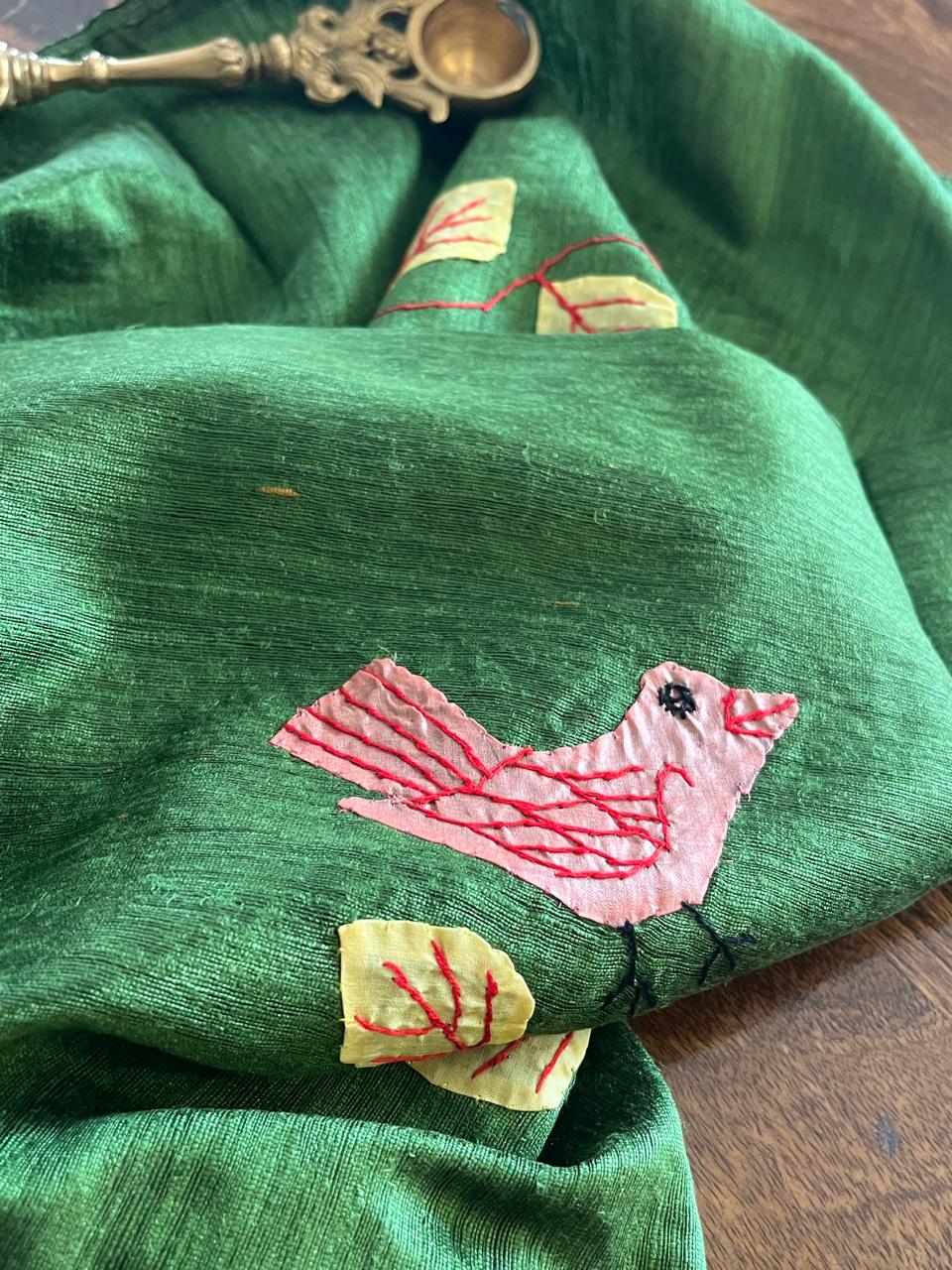 Vibrant pure Raw Silk Stole - applique work- Green