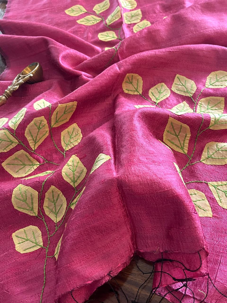 Vibrant pure Raw Silk Stole - applique work- Pink