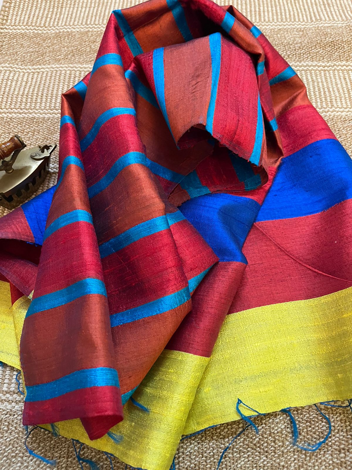 Vibrant pure Raw Silk Stole - plain with striped contrast borders - multicolour