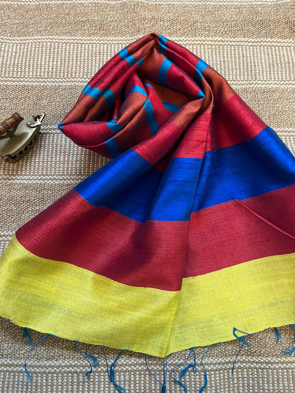 Vibrant pure Raw Silk Stole - plain with striped contrast borders - multicolour