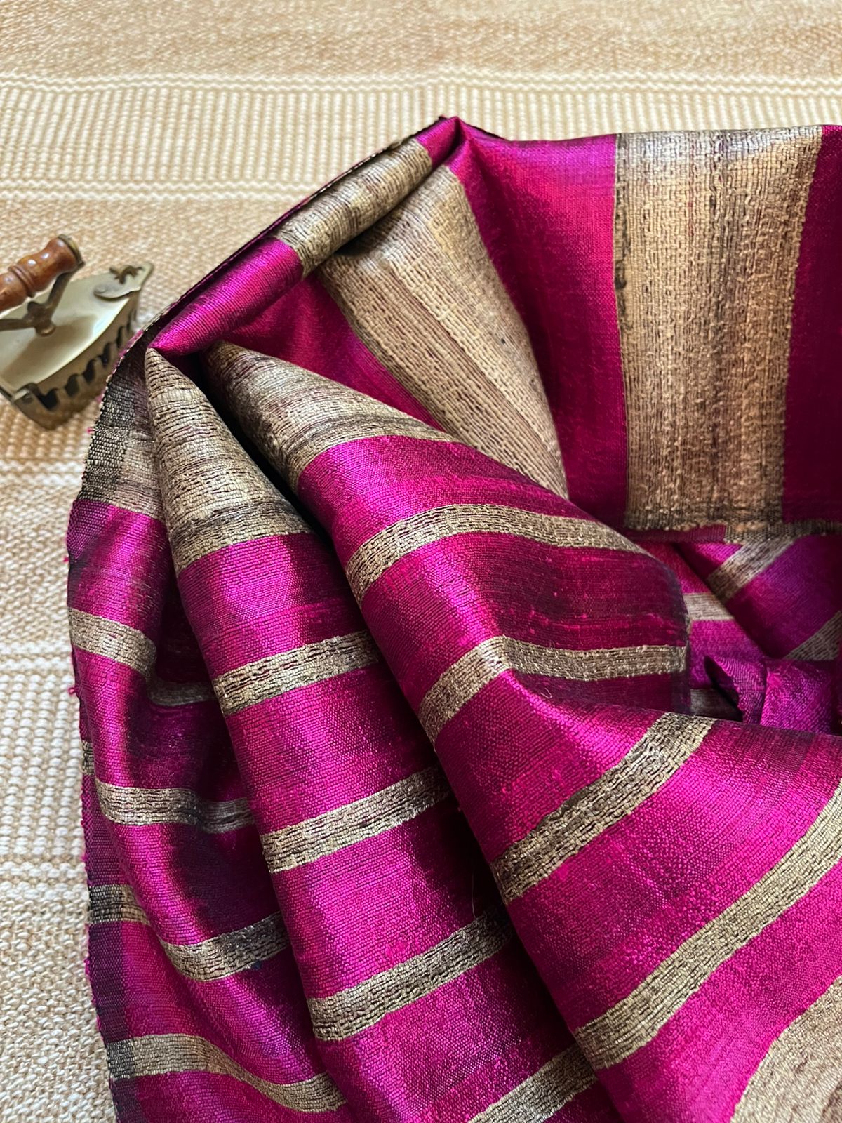 Vibrant pure Raw Silk Stole - striped - Magenta