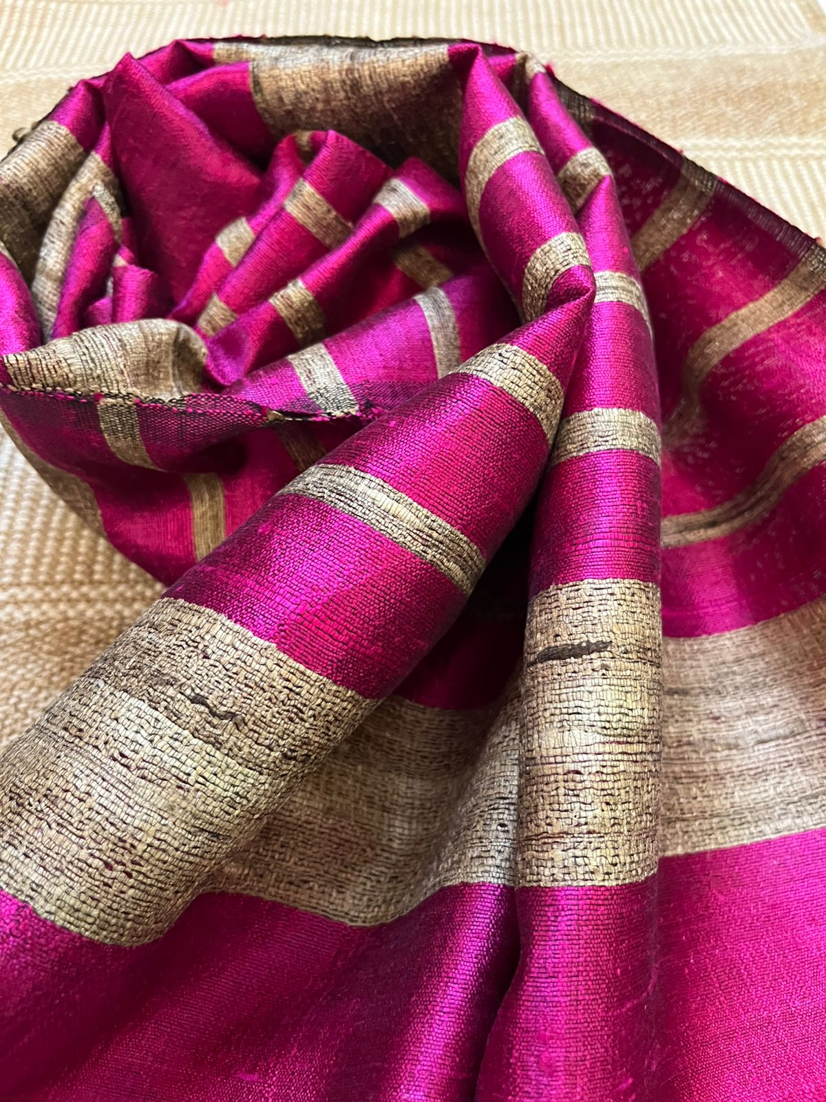 Vibrant pure Raw Silk Stole - striped - Magenta