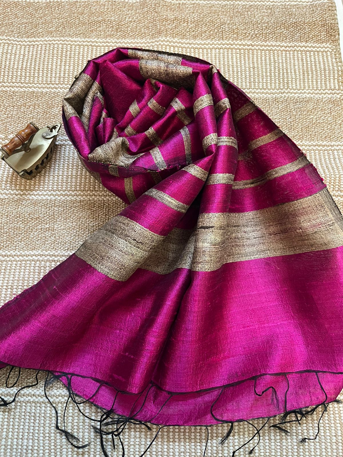 Vibrant pure Raw Silk Stole - striped - Magenta