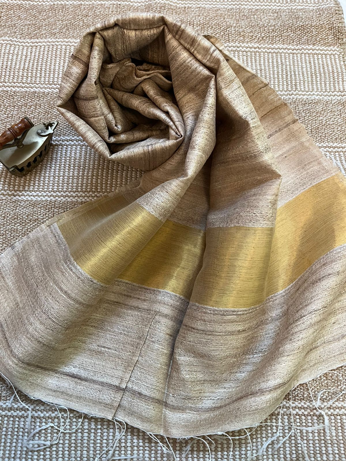 Vibrant pure Raw Silk Stole - striped - Natural With Zari