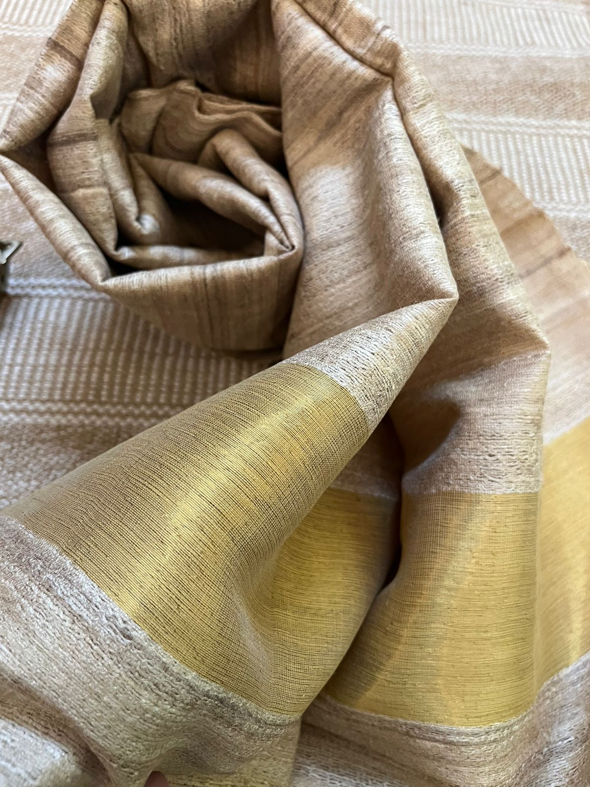 Vibrant pure Raw Silk Stole - striped - Natural With Zari